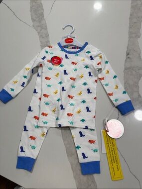 Magnetic Me White Dino Print Pajama Set with Blue Trim